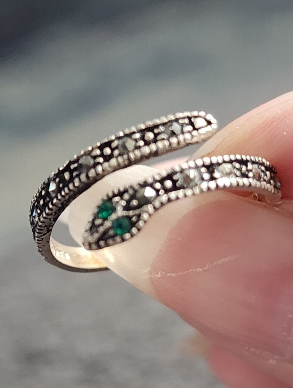 Sterling Silver Marcasite Snake Wrap Ring with Green Stone Eyes - Picture 6 of 12